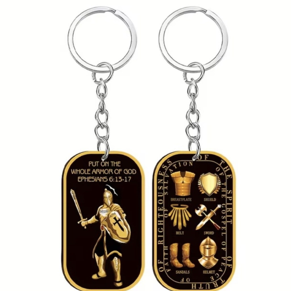 Gold and black Armour of God keyring showing Ephesians 6 on one side and the six pieces of armour on the other