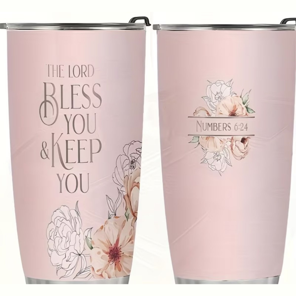 Pink floral insulated travel tumbler printed with The Lord Bless You and Keep You on the front and Numbers 6:24 on the back
