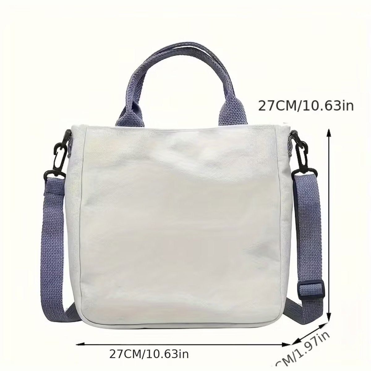 Size guide for the Butterfly Cross Handbag: 27cm wide, 27cm high, 5cm deep, with the removable shoulder strap shown