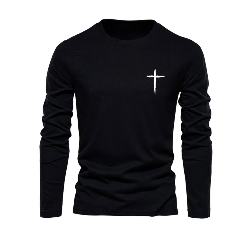 Black long sleeve cotton t-shirt with a small white cross printed on the chest