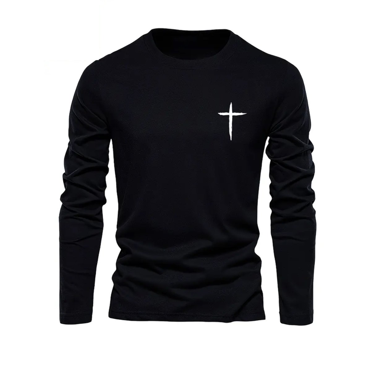 Black long sleeve cotton t-shirt with a small white cross printed on the chest