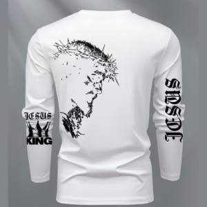 White long sleeve t-shirt with a sketched portrait of Christ crowned with thorns on the back and Jesus is King down the sleeves