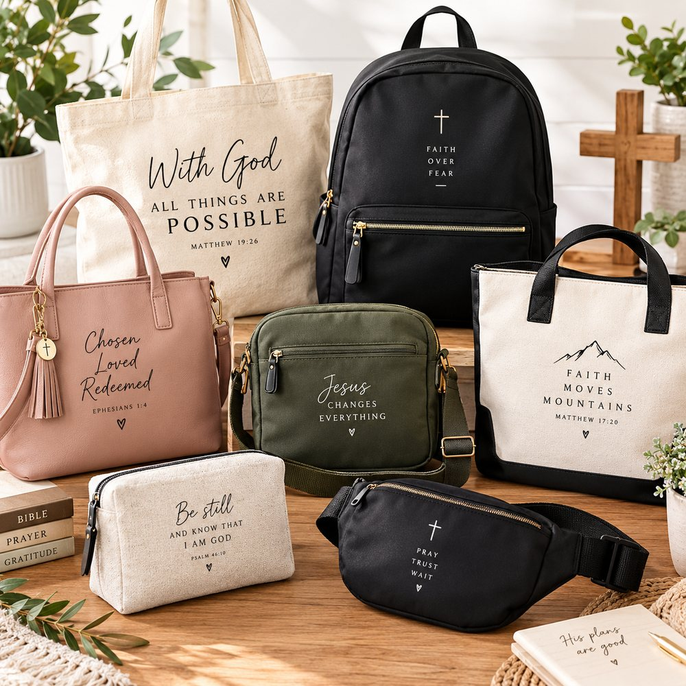 Faith-themed tote bags, backpack and crossbody bags with scripture