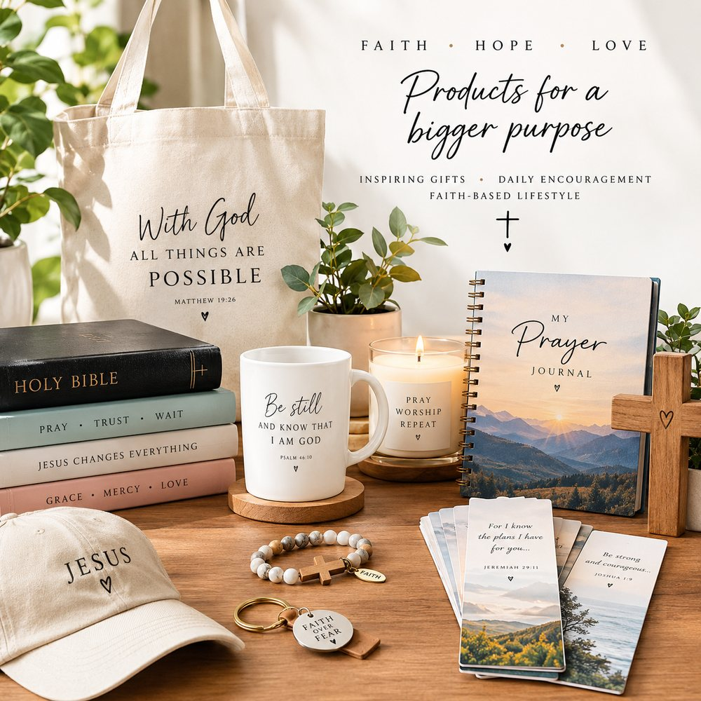 Christian gifts laid out together: a scripture tote bag, mug, prayer journal, candle and verse bookmarks
