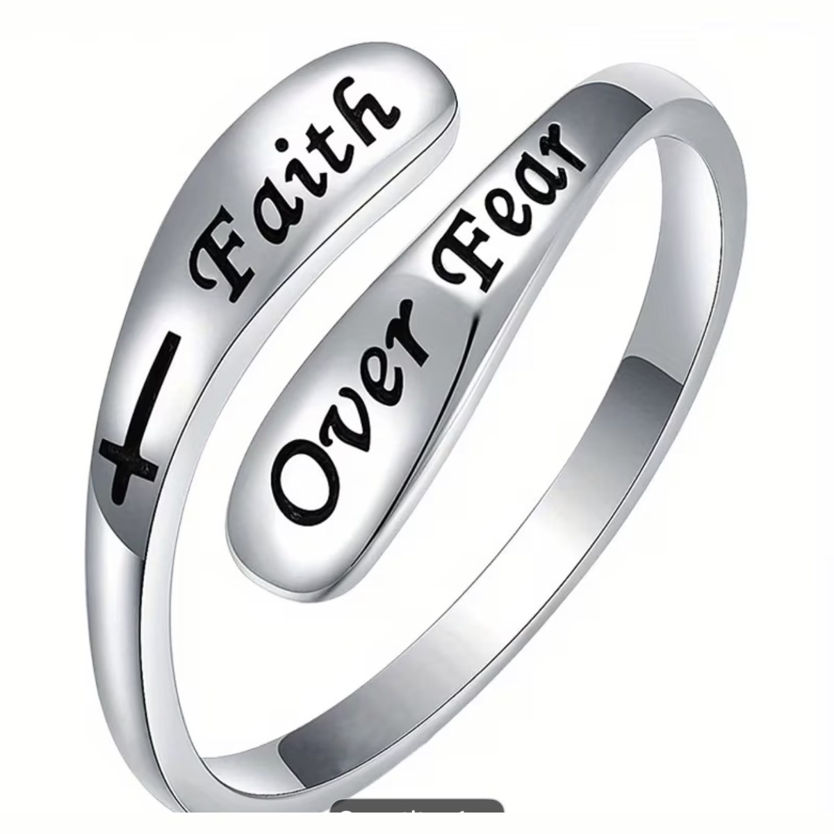Silver adjustable wrap ring engraved with Faith Over Fear and a small cross