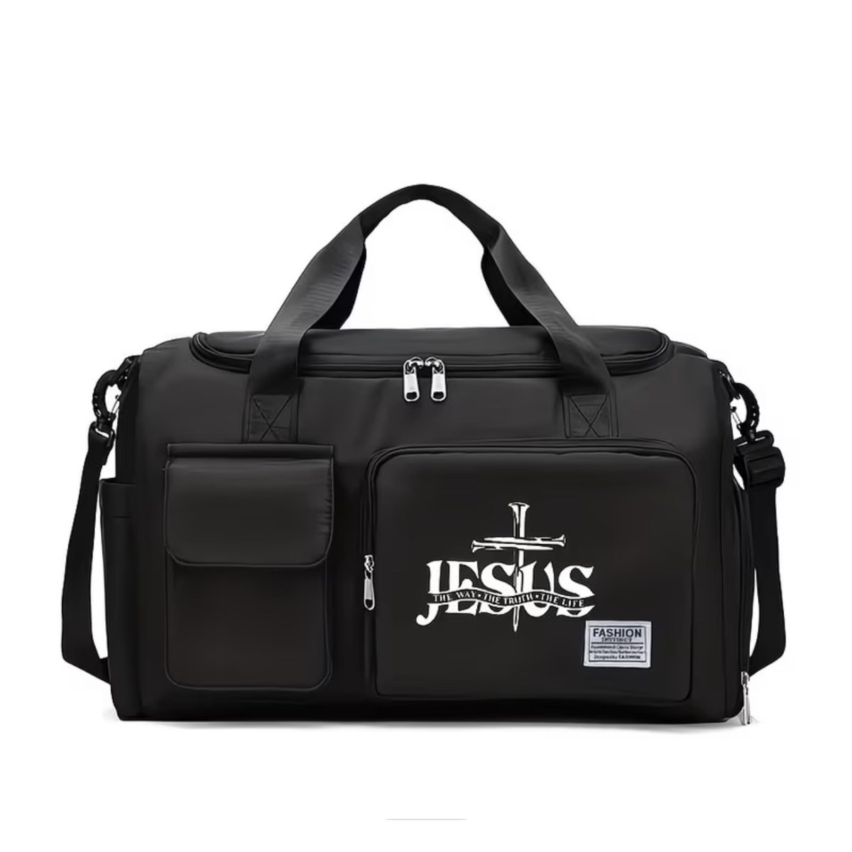 Black weekender duffel bag printed with Jesus, The Way The Truth The Life and a nail cross design