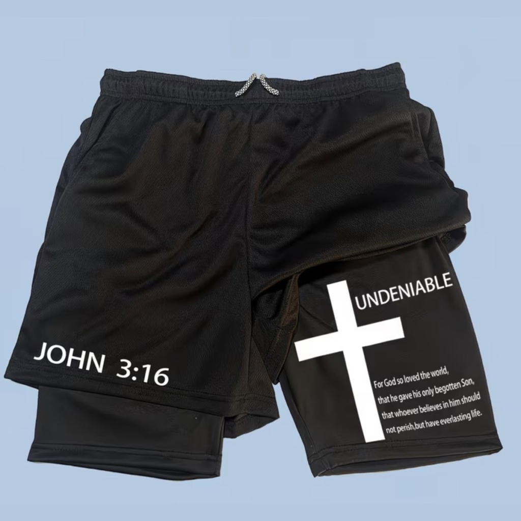 Black men's training shorts with John 3:16 on the leg and a cross printed on the inner liner