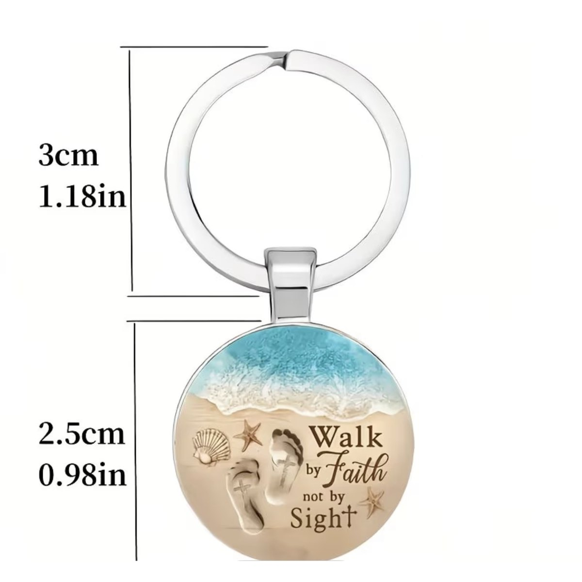 Size guide for the Walk By Faith glass keyring: 3cm split ring and a 2.5cm glass pendant