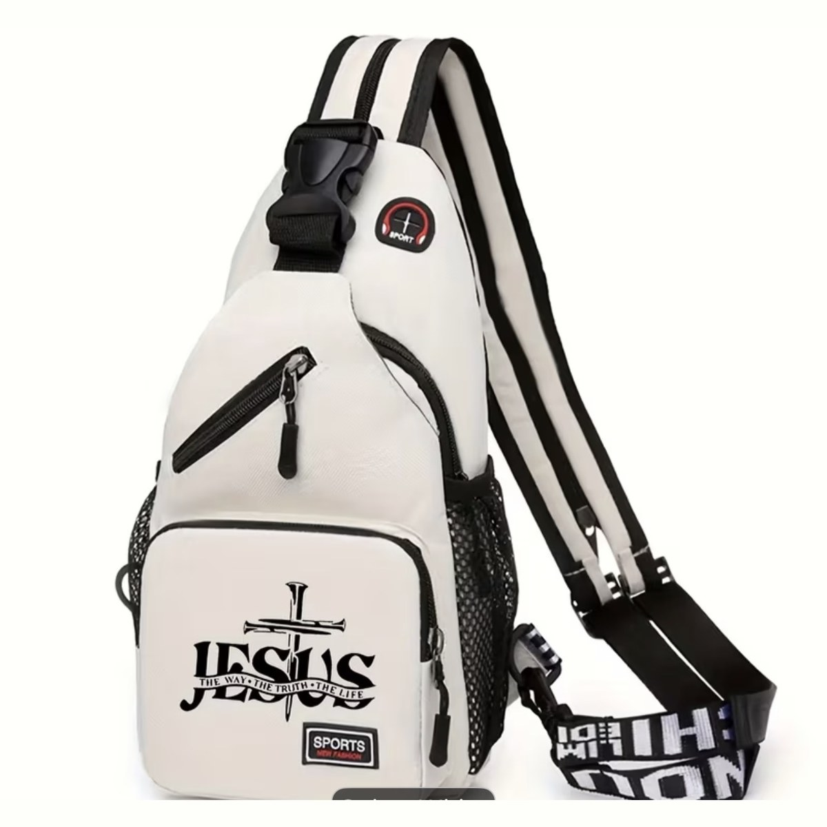 White Jesus sling crossbody bag printed with The Way, The Truth, The Life