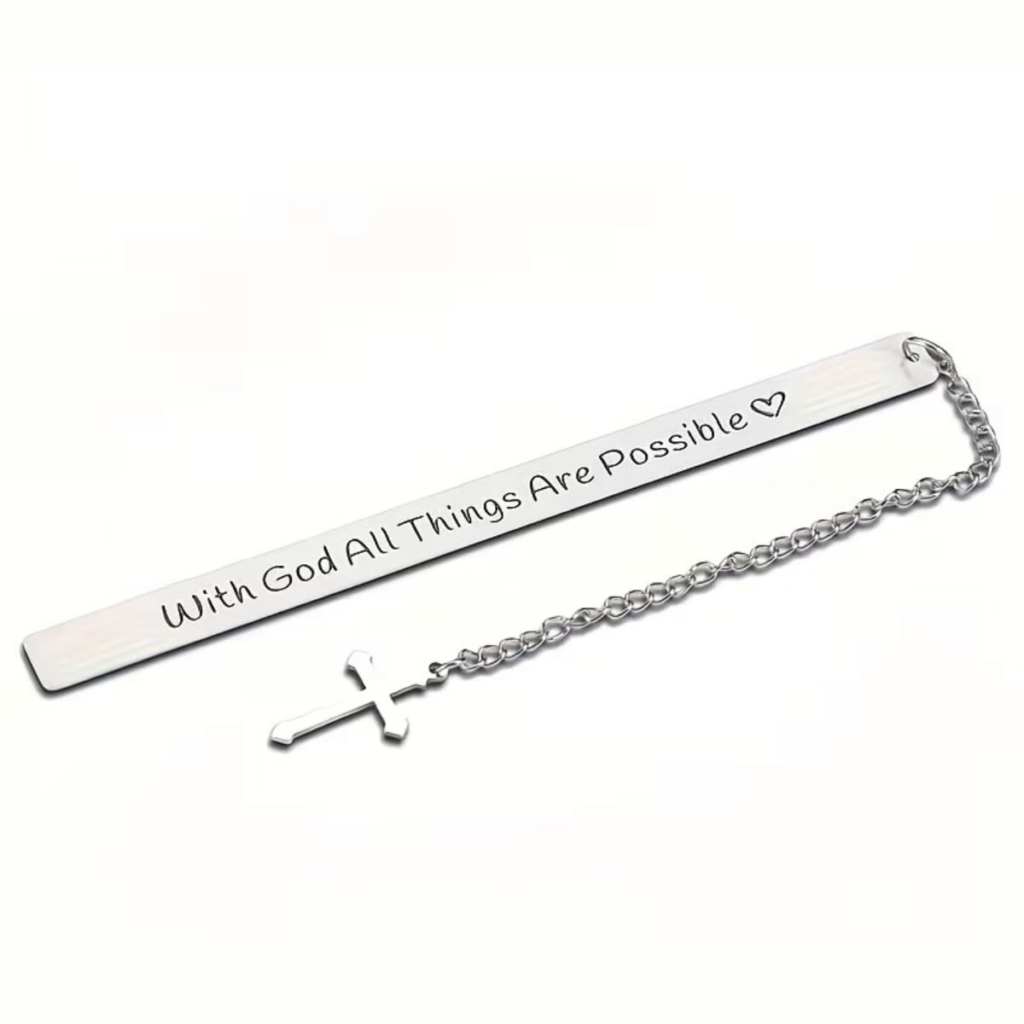 Stainless steel bookmark engraved With God All Things Are Possible with a hanging cross charm